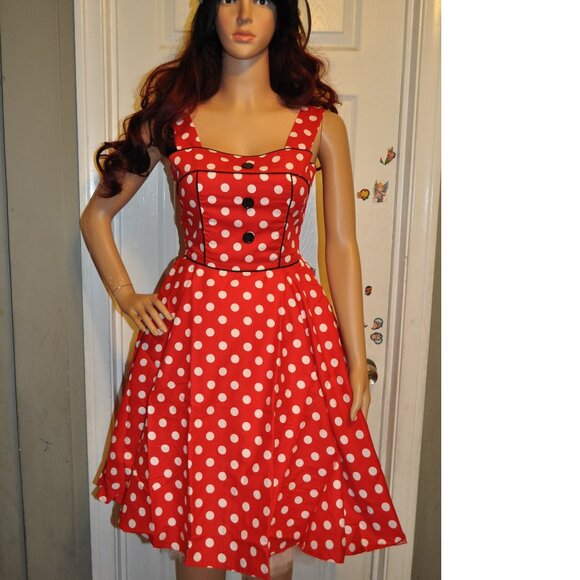 Women's Retro Vintage 1950's Sleeveless Strappy Polkadots Rockabilly Swing Dress - Picture 2 of 6
